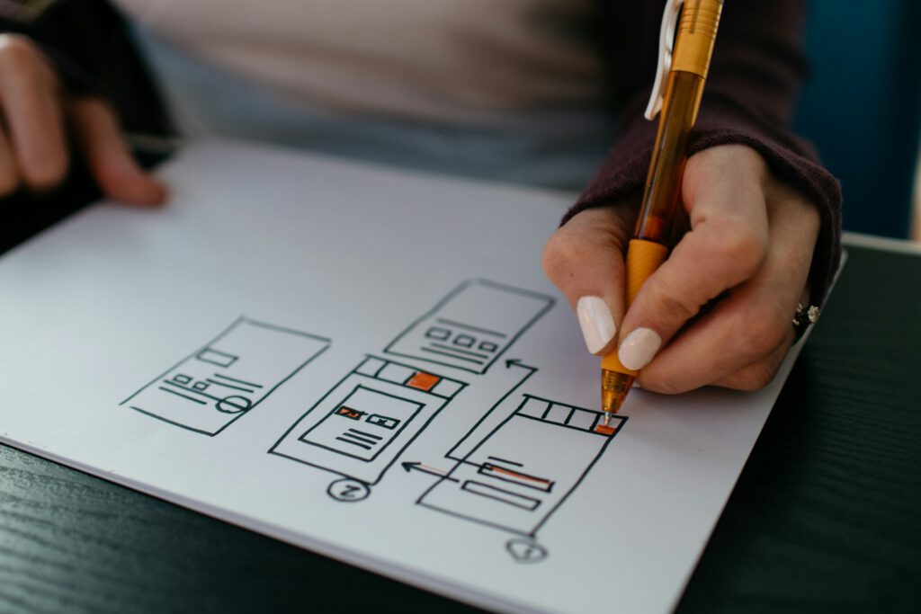 Croquis de maquettes d’interface dessinés à la main – illustration de l’article « Nouveau : des maquettes interactives avant le développement », blog Ionia Web