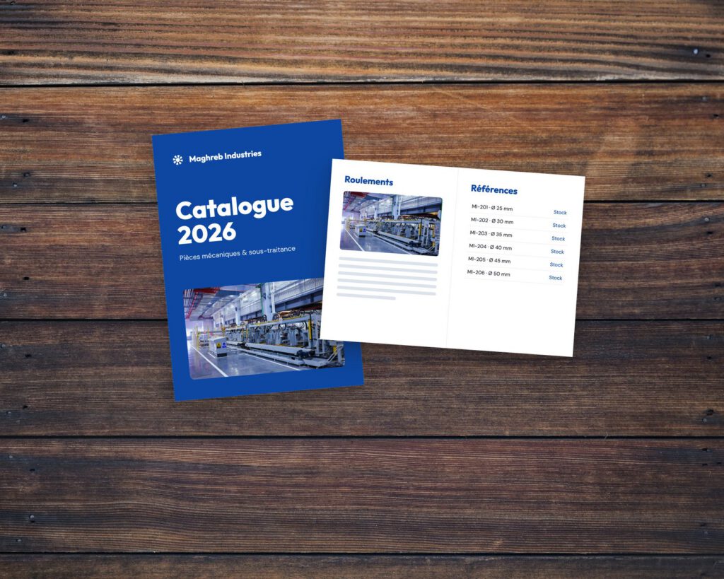 Catalogue imprimé en grand tirage – maquette des supports imprimés pour Maghreb Industries, réalisation Ionia Web (Design graphique & impression)