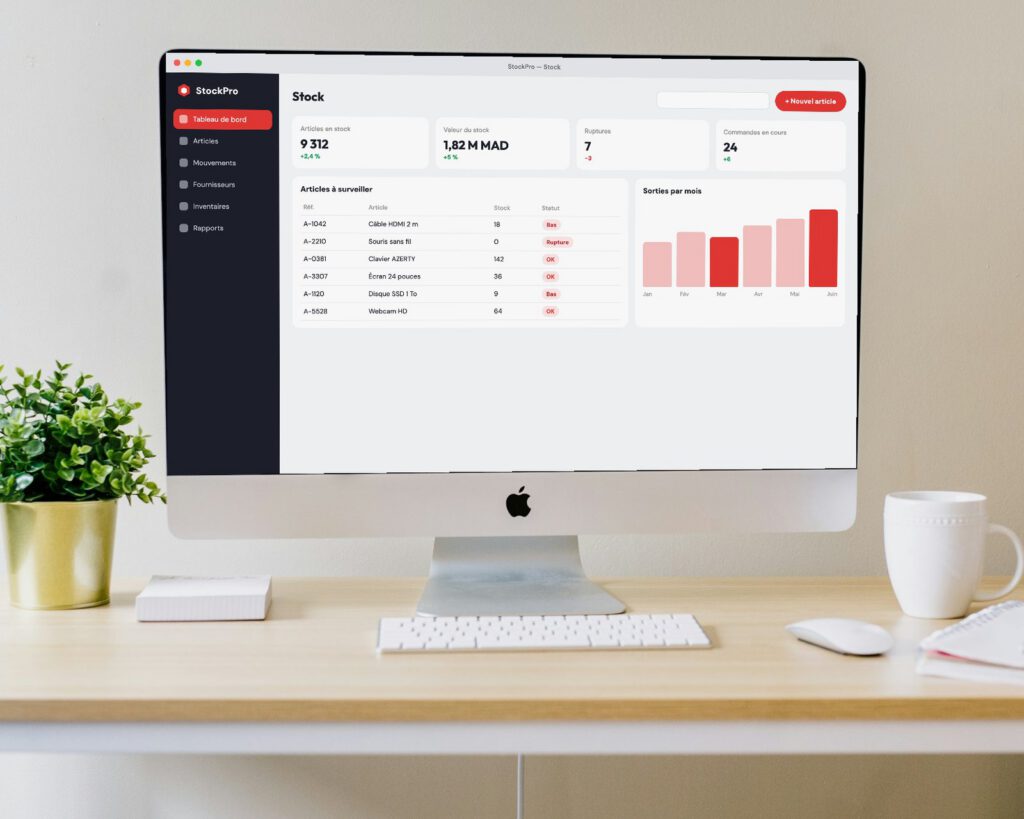 Logiciel de gestion de stock – interface affichée sur un écran d’ordinateur pour StockPro, réalisation Ionia Web (Logiciels desktop)