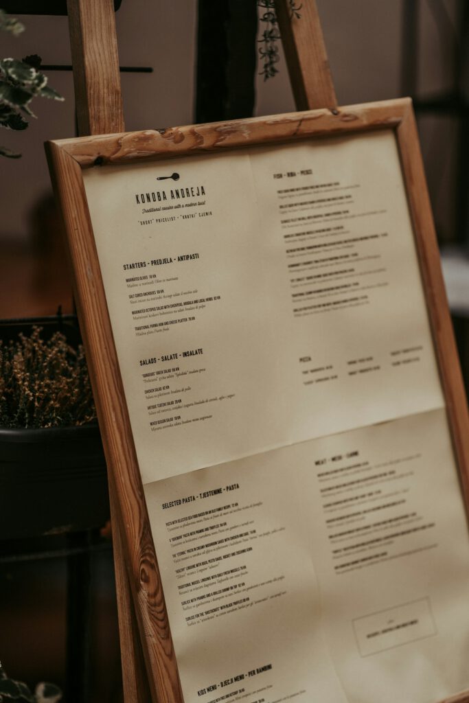 Menu imprimé pour un restaurant