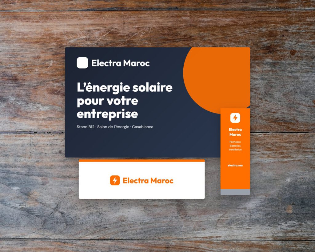 Signalétique et bâches pour un salon – maquette des supports imprimés pour Electra Maroc, réalisation Ionia Web (Design graphique & impression)